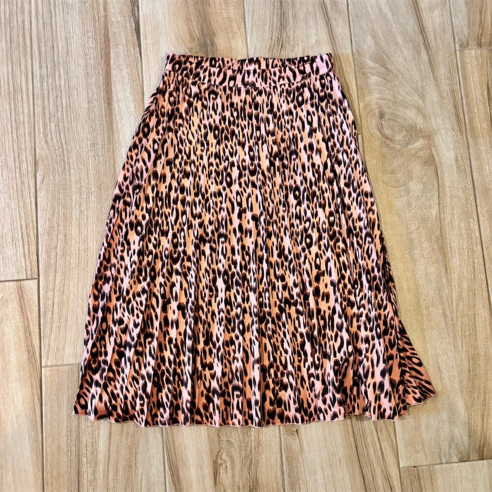 Peyton Jensen Skirt Womens Size M Pink Brown Leopard Print Pleated Midi